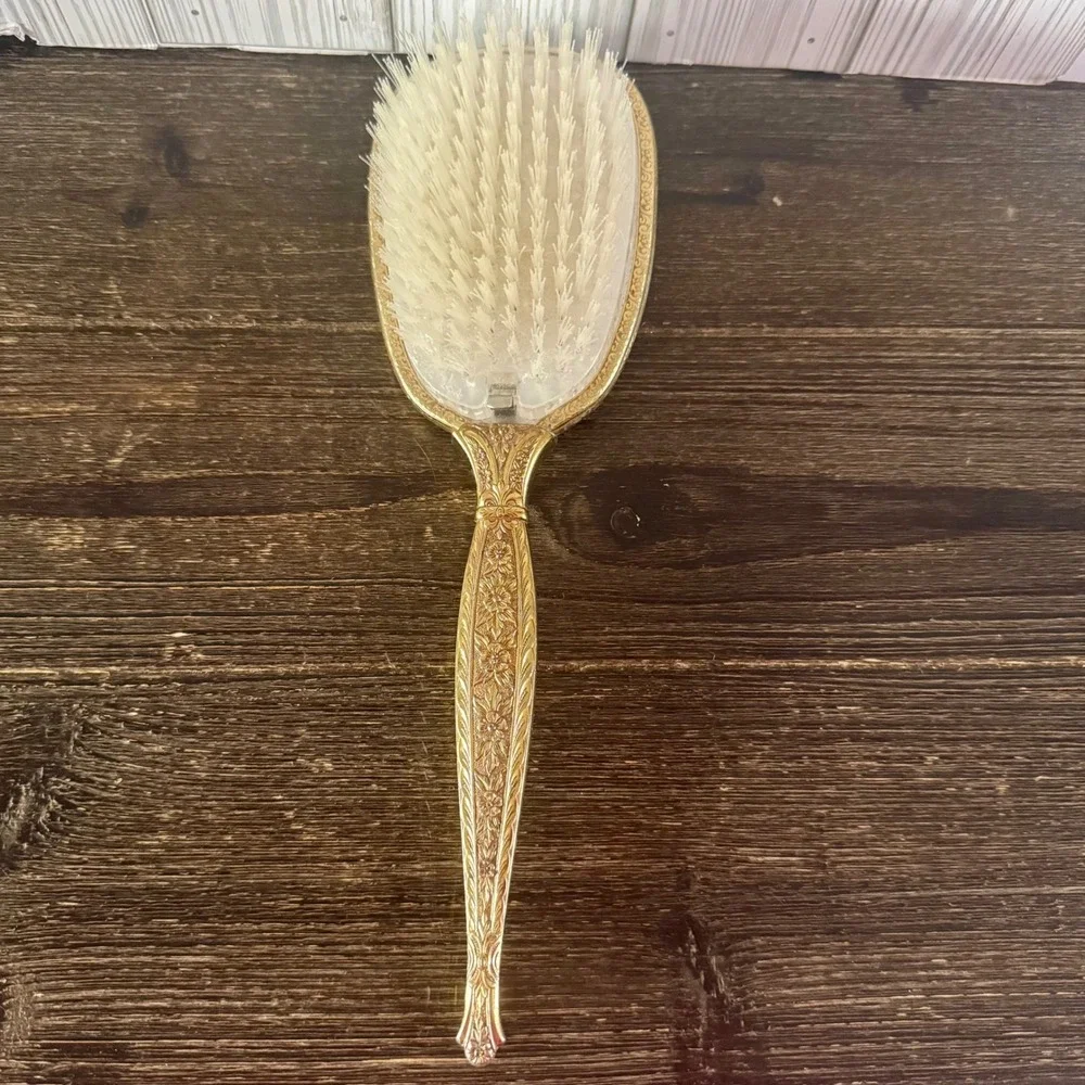 Vintage Gold Floral Hairbrush Rose Wreath Filigree Hollywood Regency Vanity MCM